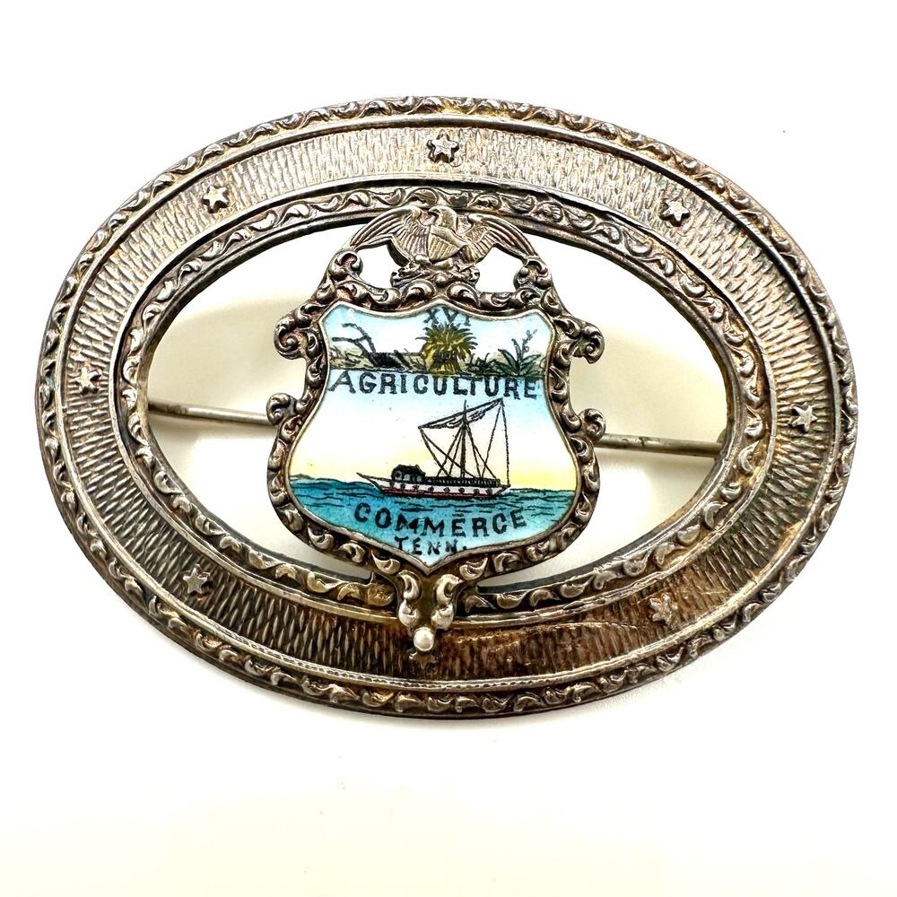 Antique 1900s sterling silver Tennessee Coat of Arms enamel sash pin brooch